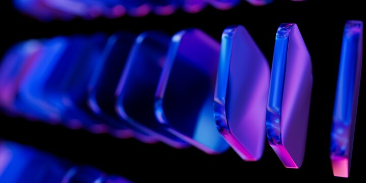 Futuristic 3D render of vibrant iridescent cubes on a dark background with soft depth of field