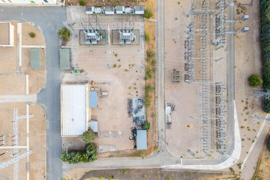 Aerial view of an expansive power station facility