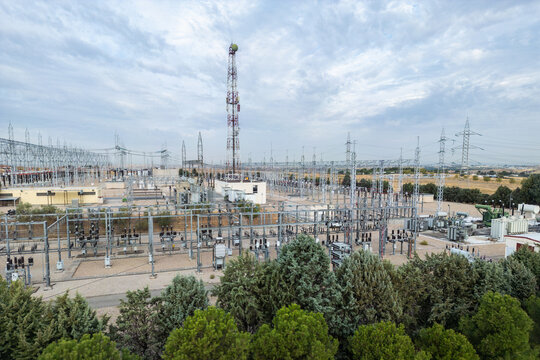 Aerial view of expansive power station with towers