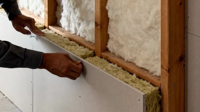Closeup medium shot of mineral wool insulation being installed within a loadbearing wall frame emphasizing fire resistance and soundproofing benefits.