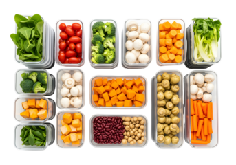 Meal prep vegetables in organized containers Healthy vegetables sorted in clear boxes for weekly meal preparation