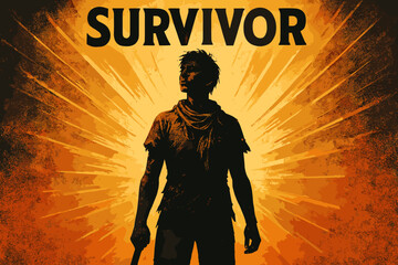 Silhouetted figure of a young caucasian male standing confidently with a rugged appearance against a dramatic orange burst background, highlighting the word "survivor.