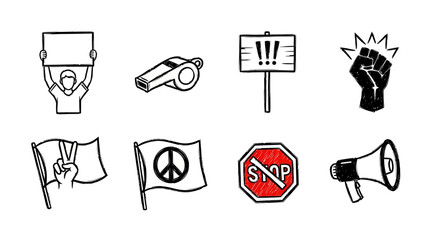Protest symbols set: empowering icons for activism and social change in doodle art style