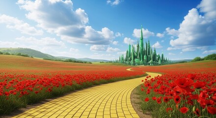 Naklejka premium Emerald city vista with a yellow brick road through a field of poppies
