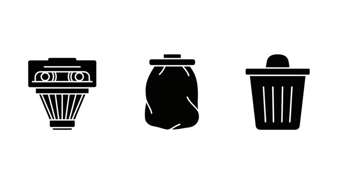 Silhouette icons of waste disposal: bin, bag, and container designs