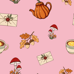 Cozy Autumn Seamless Pattern with Books, Blanket, Tea, Mushrooms and Leaves