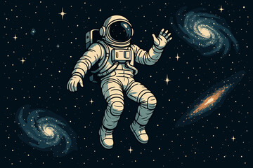 A lone astronaut in a spacesuit waves while floating in a star-filled universe with spiral galaxies around.