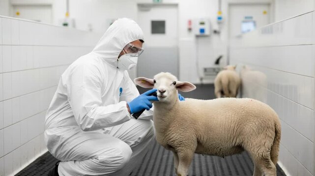 Medium shot showing a person wearing full protective gear including gloves mask and coverall inspecting livestock in a biosecure environment.