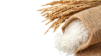 Rice Grains and Paddy in Burlap Sack on Transparent Background