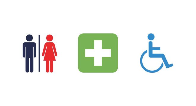 Essential public symbols: restroom, first aid, and accessibility icons