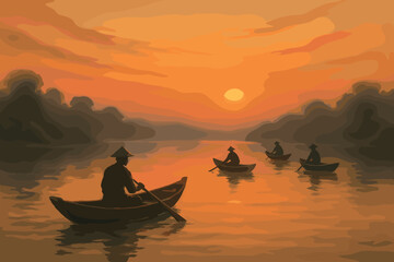 Silhouettes of people paddling small boats on a river at sunset, with an orange sky and calm water creating a serene atmosphere.