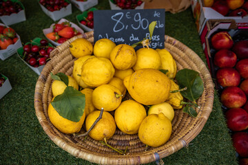 Ripe yellow lemons, Cours Saleya provencal farmers market, Old Town Nice, France