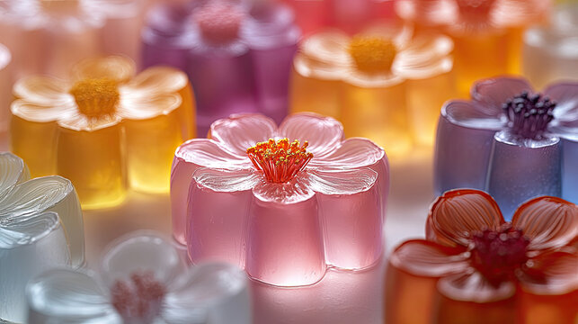 Colorful flower shaped jelly candies arranged in vibrant display, variety of hues and intricate designs. These delightful treats evoke sense of joy and playfulness - Powered by Adobe
