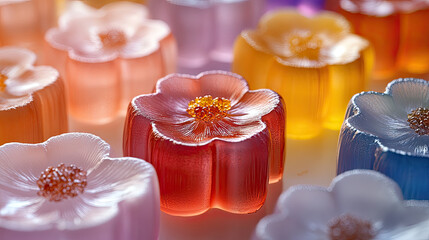 Colorful flower shaped jelly desserts arranged beautifully, vibrant hues and intricate details. These delightful treats evoke sense of joy and creativity