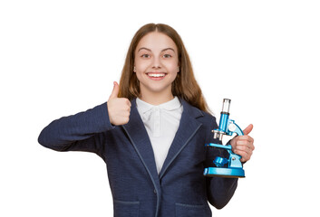 Back to school. Teen girl with microscope isolated white. Biology science for schoolgirl. Microscope research. Scientific education. School biology girl hold microscope. Student of biology. Thumb up