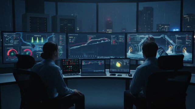 Medium shot of technicians monitoring flood control pumps and water level sensors in a control room setting.