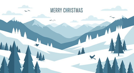Merry christmas greeting card with a serene winter mountain landscape and evergreen trees