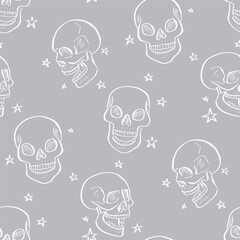 Seamless pattern with monochrome gray and white hand drawn inky skulls with stars