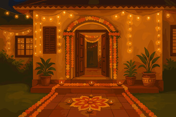 Obraz premium Traditional home decorated with string lights, marigold garlands, and rangoli for a diwali celebration at night.