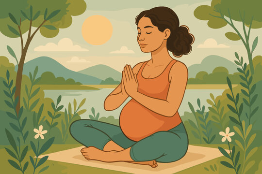 Pregnant hispanic woman practicing yoga in a serene outdoor setting with mountains and a lake in the background, surrounded by lush greenery and flowers. - Powered by Adobe