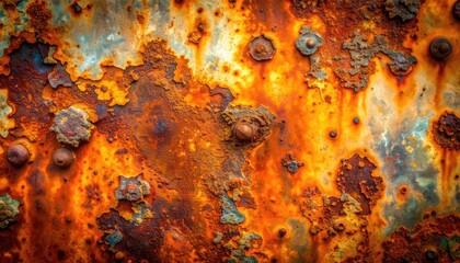 Industrial Decay. Close-up of a heavily rusted metal surface with rivets and vibrant decay