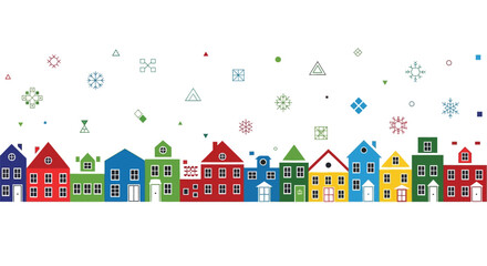 Colorful cartoon houses with festive snowflakes and geometric shapes on a white background
