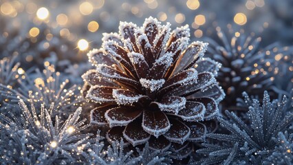 Frosted pine cone surrounded by snow-covered pine needles with sparkling bokeh lights in a winter forest macro scene