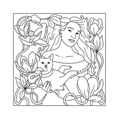 Art nouveau style beautiful long hair woman holding a cat with magnolia flower frame adult coloring book page vector illustration