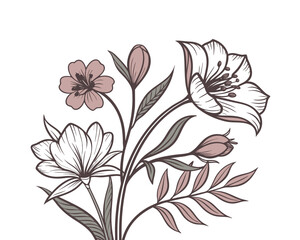 Elegant Floral Arrangement in Delicate Shades of White Pink and Gray for Wedding Invitations and Botanical Designs