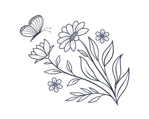 Elegant floral bouquet with butterfly outline illustration for design and decoration with daisy and small blossoms vector style