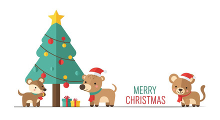 Cute cartoon animals celebrating christmas with a decorated tree and presents on a white background