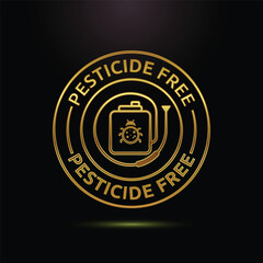 Golden pesticide free emblem with insecticide sprayer icon