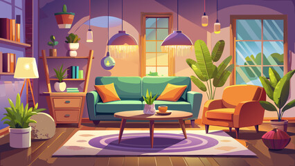 Fototapeta premium Very beautiful living room interior with a warm glowing lamp, stylish modern furniture, indoor plants, soft shadows, and a clean cozy atmosphere in a realistic home design scene.