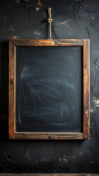 A rustic, empty chalkboard with a wooden frame hanging on a dark textured wall