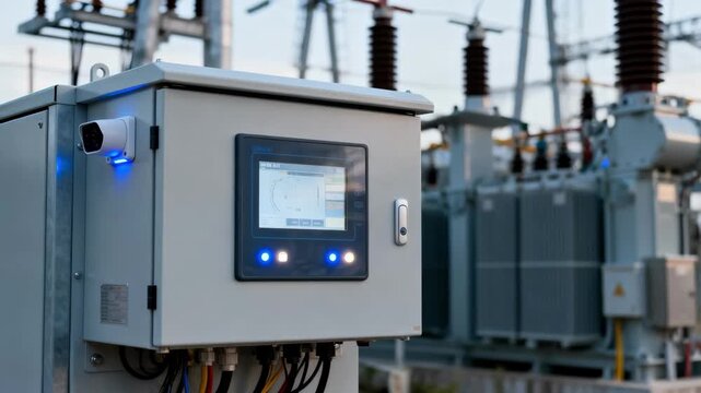Medium shot of a compact automated switchgear cabinet in a utility substation demonstrating seamless remote operation for power distribution efficiency.