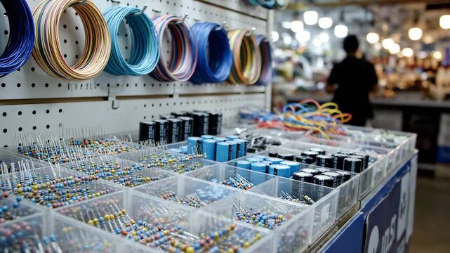 Electronics Components Displayed in a Store with a Customer Selecting Items.