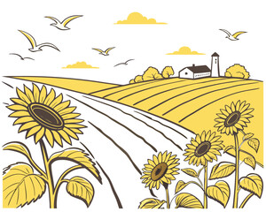 Picturesque Sunflower Field with Farmhouse and Birds in Flight Hand Drawn Illustration