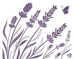 Delicate Lavender Flowers and Butterfly in a Minimalist Design Great for Backgrounds and Botanical Illustrations