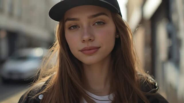 Close-up Portrait of a Confident Young Woman in a Black Baseball Cap with Green Eyes, Looking Directly at Camera in a Blurred Urban Background