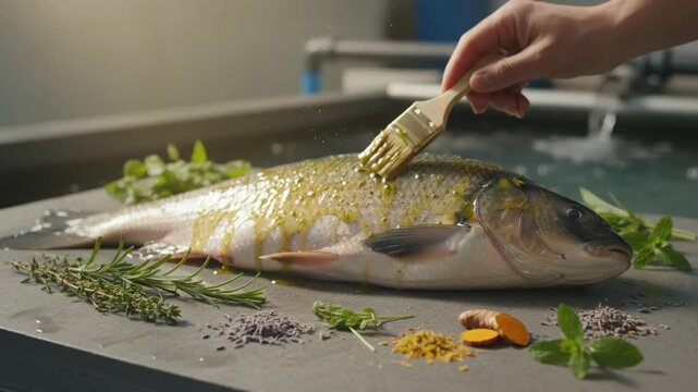 Medium shot of herbalinfused antimicrobial coatings gently brushed on fish skin emphasizing plantbased natural solutions for reducing infections in fish farms.