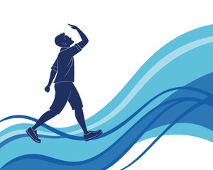 Man walking on flowing blue waves abstract illustration representing journey and movement towards future opportunities