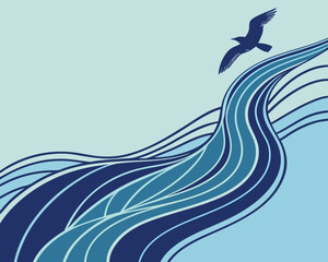 Stylized Sea Waves and Seagull Silhouette Illustration in Blue Tones Perfect for Backgrounds and Web Design