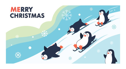 Cute cartoon penguins enjoying a snowy winter day with merry christmas text and snowflakes