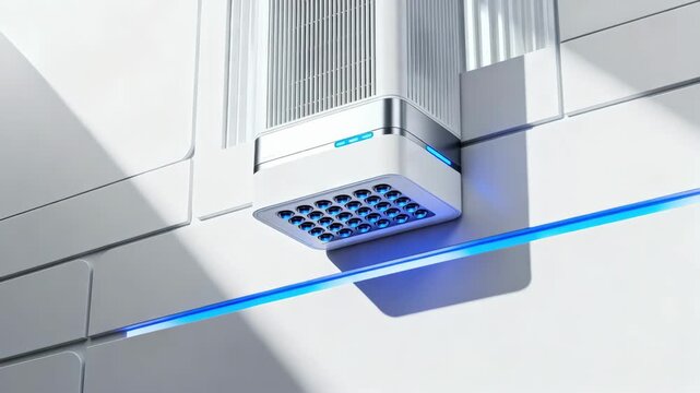 Automated ventilation system with IoTconnected sensors regulating indoor air quality and temperature in a hightech residential environment.