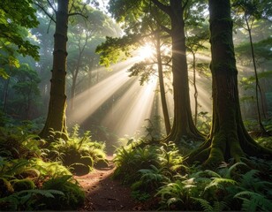 Sunlight streams through ancient trees, illuminating a peaceful forest path