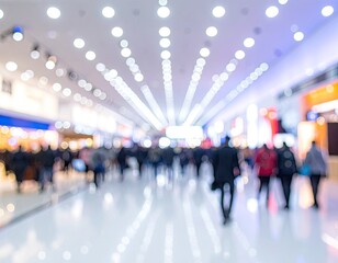 A blurred crowd walks through a brightly lit modern hall with reflective floors