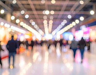 Blurred view of a crowded convention hall with bright bokeh lights and people