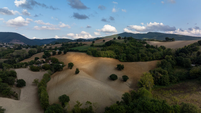 Drone view of rolling hills and lush greenery in Italy
