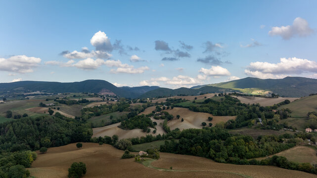 Aerial view of Italian countryside and rolling hills