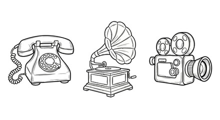 Vintage technology devices: retro telephone, gramophone, and camera line art drawings